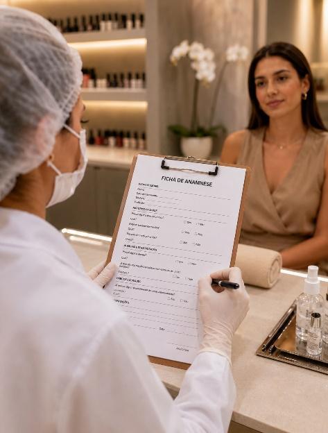 Manicure preenchendo ficha de anamnese com a cliente